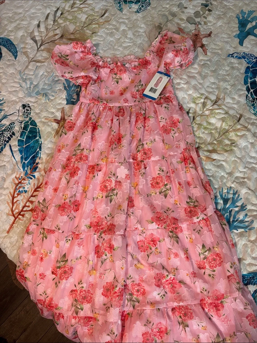 Rare Editions Pink Floral Tiered Dress with Puff Sleeves